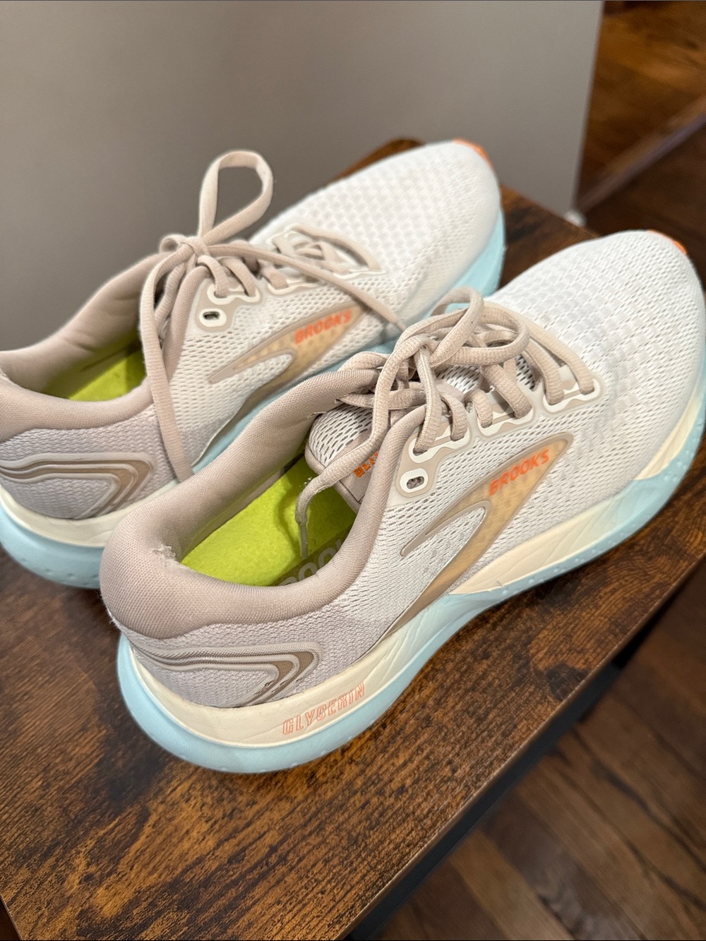 Brooks Beige Knit Running Shoes with Light Blue Midsole and Orange Accents 8